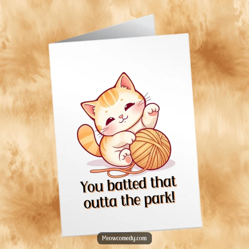 Free Printable Congratulations Card featuring a mischievous cat hilariously tangled while playing with a ball of yarn, symbolizing a fun achievement.