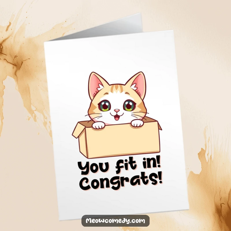 Funny Free Printable Congratulations Card: Excited cat pops out of a box, eyes wide with celebration for your success.