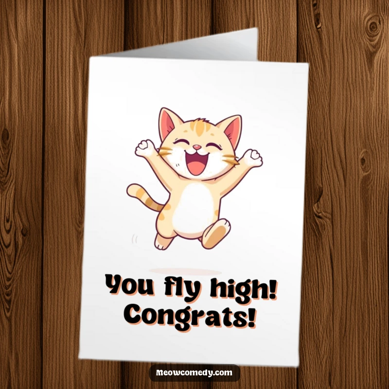 Funny Free Printable Congratulations Card: An energetic cat cub performs a spectacular, graceful leap filled with pure excitement and triumph.