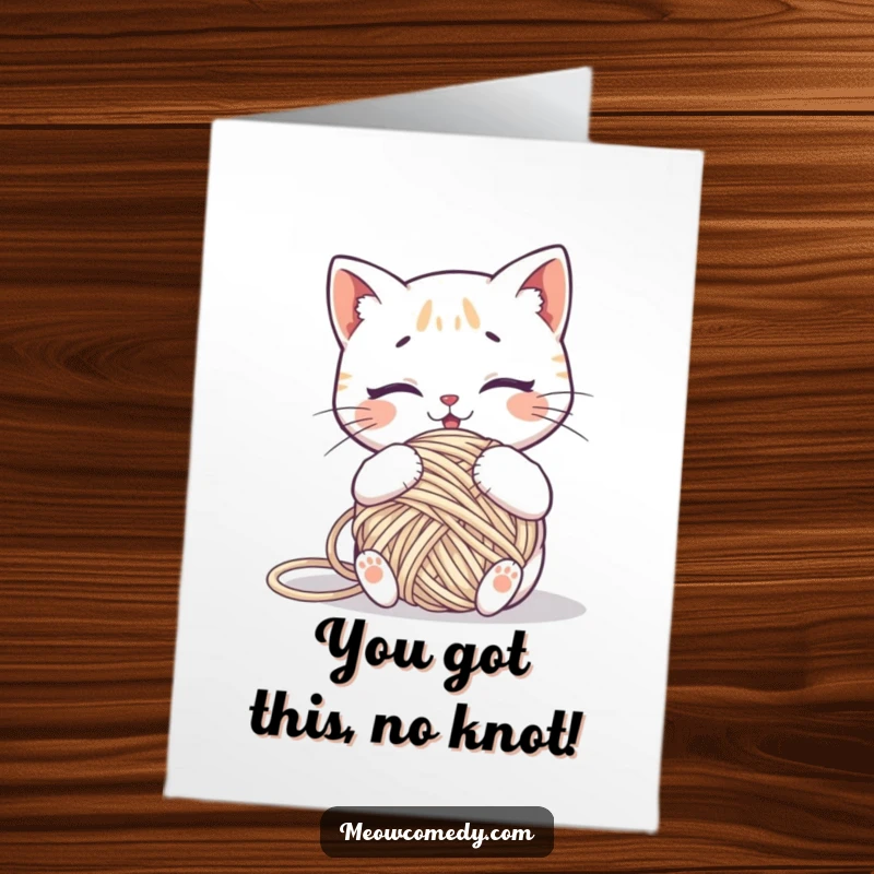 Funny Free Printable Congrats Card: Kawaii cat hilariously entangled with a ball of yarn, a humorous and charming downloadable design.