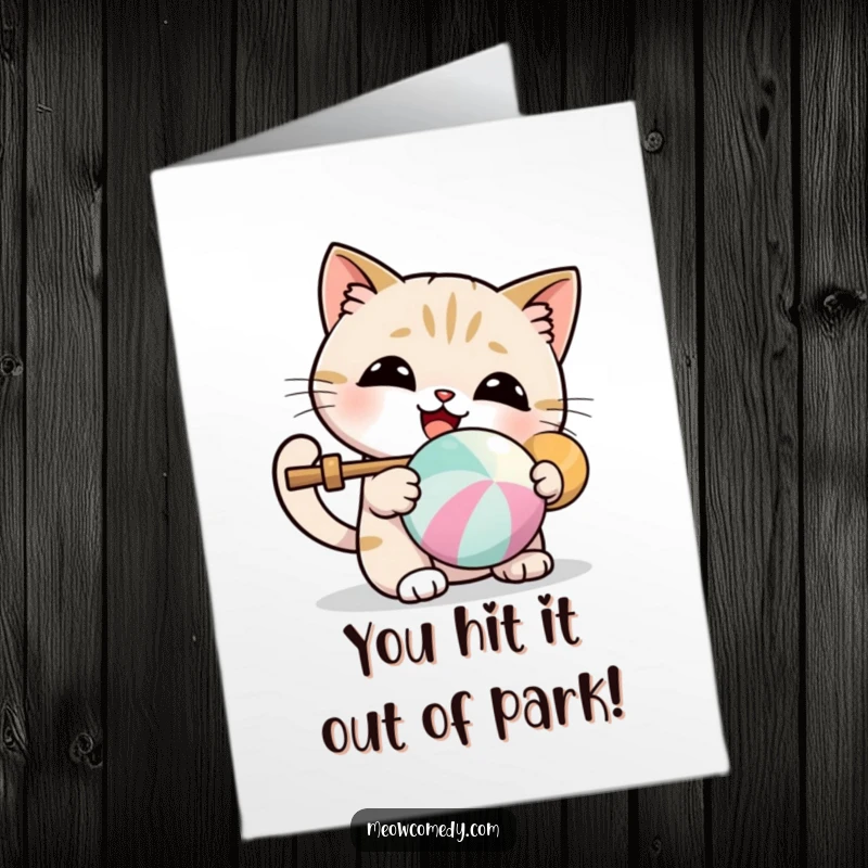 Funny Free Printable Congrats Card: A kawaii cat happily bats a colorful ball, a cute downloadable gift.