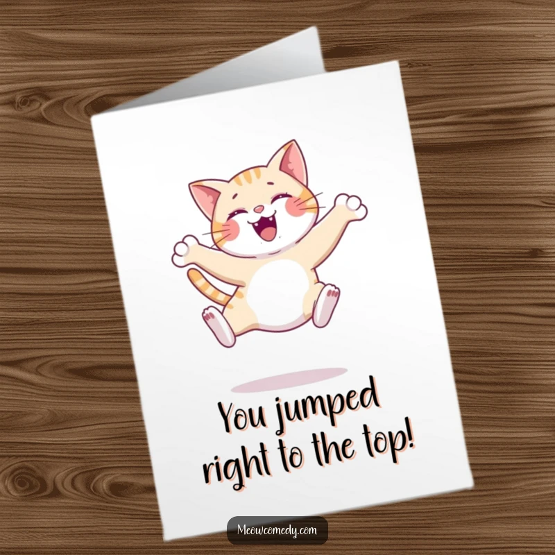 Free Printable Congratulations Card showing a happy cat in mid-air, performing a graceful and impressive leap of celebration.