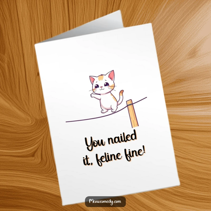Funny Free Printable Congrats Card: A cat attempts a wobbly tightrope walk, a hilarious downloadable gift for congratulations.