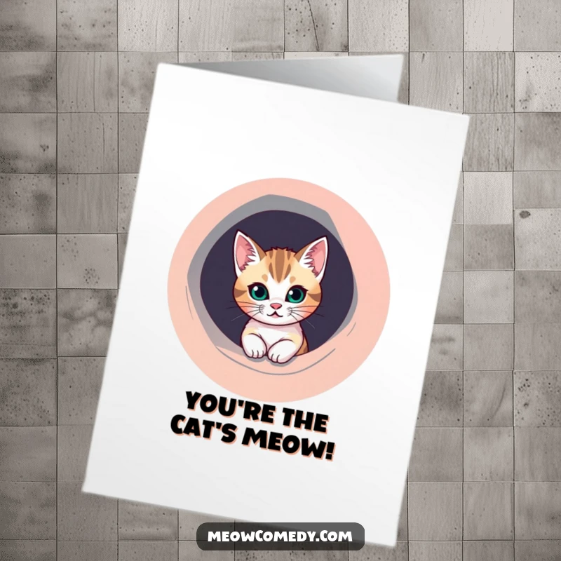 Free Printable congratulations card featuring a mischievous cat peeking from a vibrant, round hole, celebrating achievements.