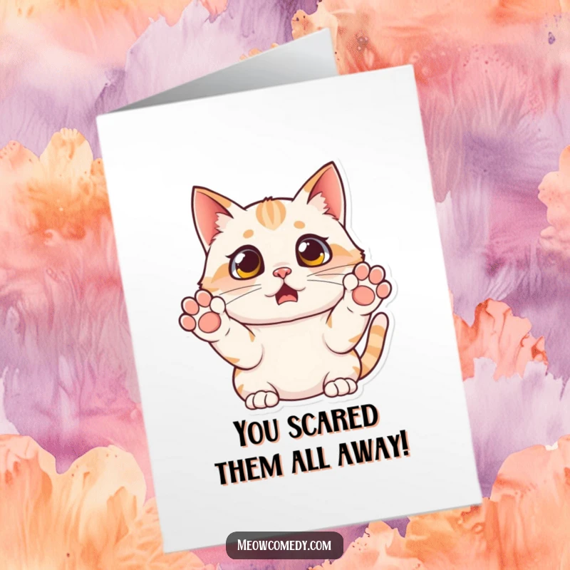 Free Printable Congratulations Card showing a cat looking utterly surprised, paws raised in mock alarm, celebrating a shocking success.