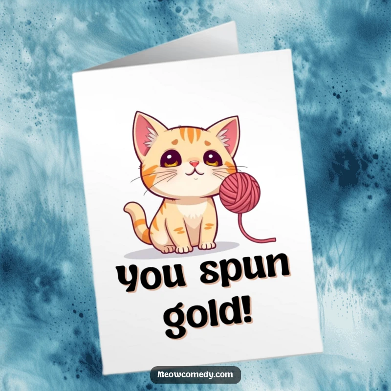 Funny Free Printable Congrats Card: a curious cat fixated on a spinning ball of yarn, celebrating achievement.
