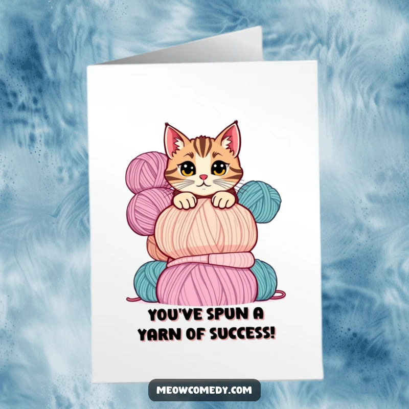 Funny Free Printable Congratulations Card showing a mischievous cat peeking over a large stack of yarn balls.