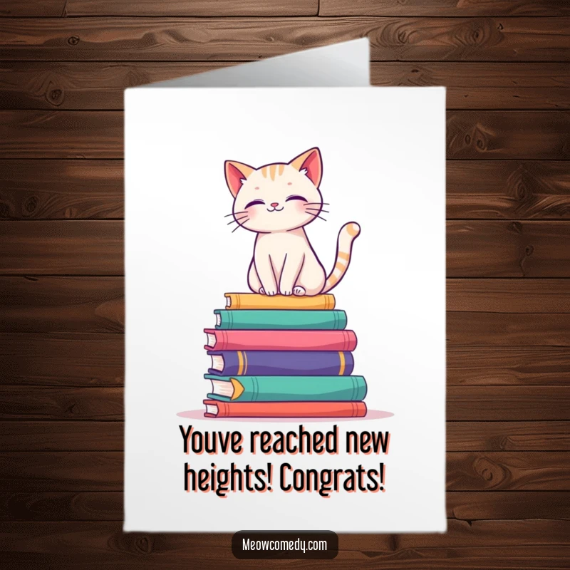 Funny Free Printable Congratulations Card showing a cat balancing perfectly on a stack of books, symbolizing intellectual achievement.