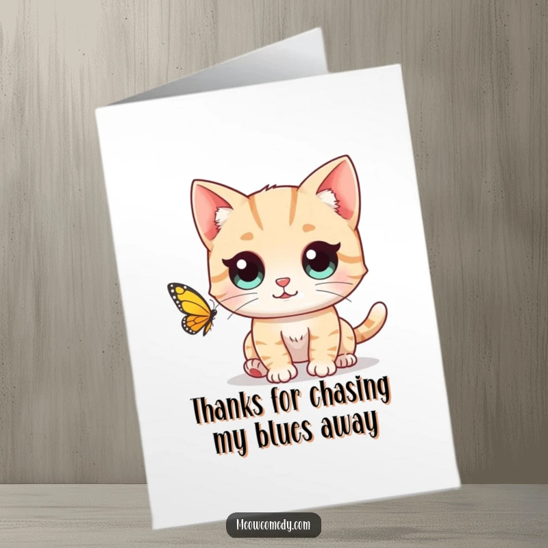 Funny Free Printable Thank You Card: A cute cat with wide eyes intensely focuses on chasing a fluttering butterfly. A grateful chase.