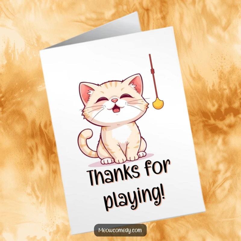 Funny Free Printable Thank You Card illustrating a cute cat playfully swatting at a dangling string.