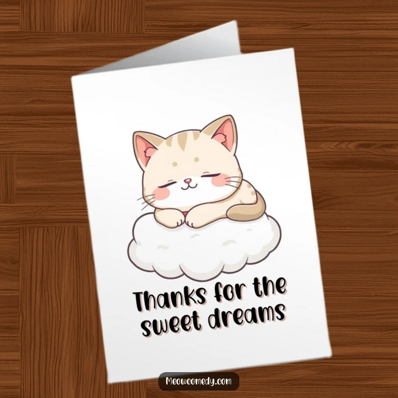 Funny free printable thank you card, a cat dreaming happily on a cloud, offering a peaceful and contented thank you.