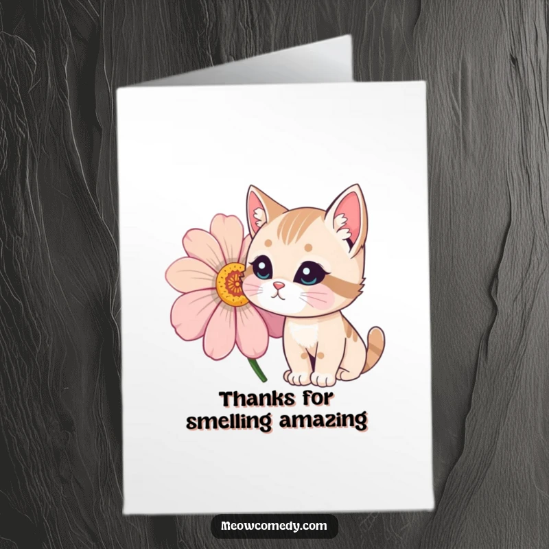 Funny free printable thank you card, a curious cat investigating the scent of a large, colorful flower with interest.
