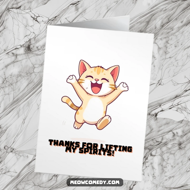 Funny Free Printable Thank You Card: An energetic cat cub makes a graceful leap, expressing thanks with joyful movement. A dynamic thank you.