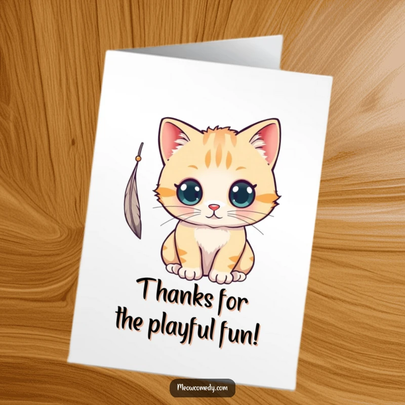 Funny free printable thank you card: Kawaii cat with big eyes playfully bats at a feather, sending thanks.