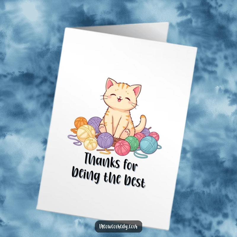 Funny Free Printable Thank You Card with a kawaii cat looking smugly happy amidst a chaotic pile of yarn.