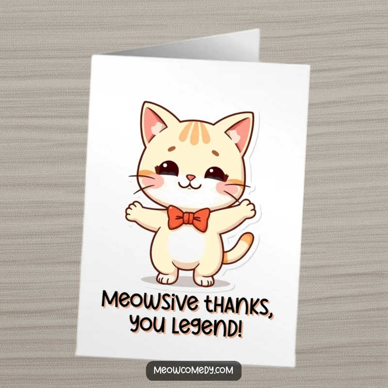 Funny Free Printable Thank You Card: A kawaii cat in a bow tie performs a silly, grateful dance. Express thanks with feline flair.