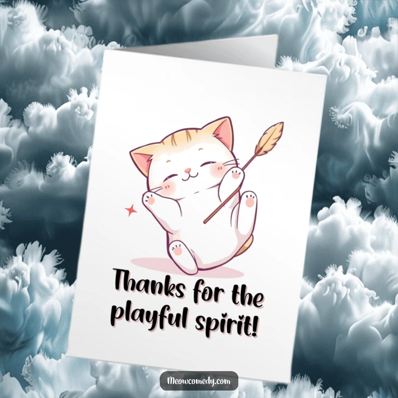 Funny Free Printable Thank You Card: Kawaii cat playfully tumbling with a feather toy, energetic and cute.