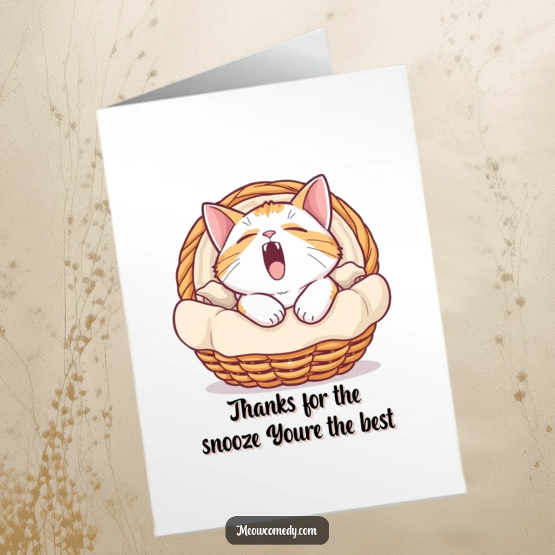 Funny Free Printable Thank You Card with a sleepy cat yawning in a basket, conveying thanks with a relaxed vibe.