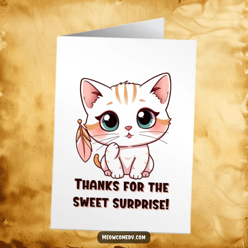 Funny Free Printable Thank You Card: Kawaii cat batting curiously at a dangling feather, a symbol of simple joys.