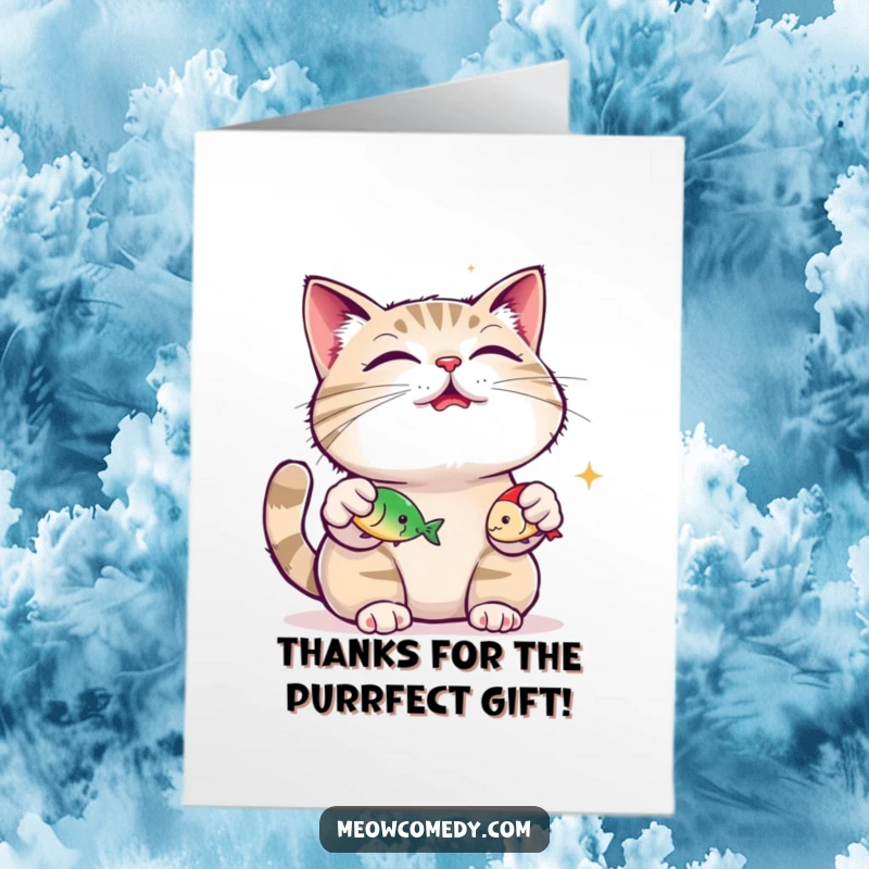 Funny Free Printable Thank You Card: A contented cat happily juggles three fish toys, showing off.