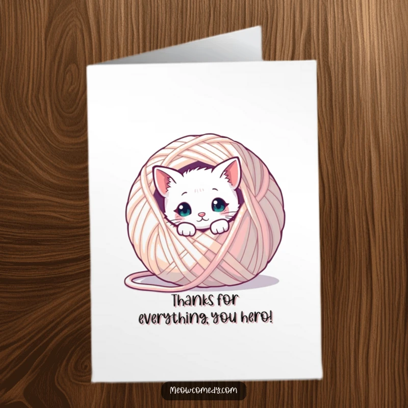 Funny Free Printable Thank You Card: Kawaii cat peeking from behind a massive ball of yarn, conveying thanks.