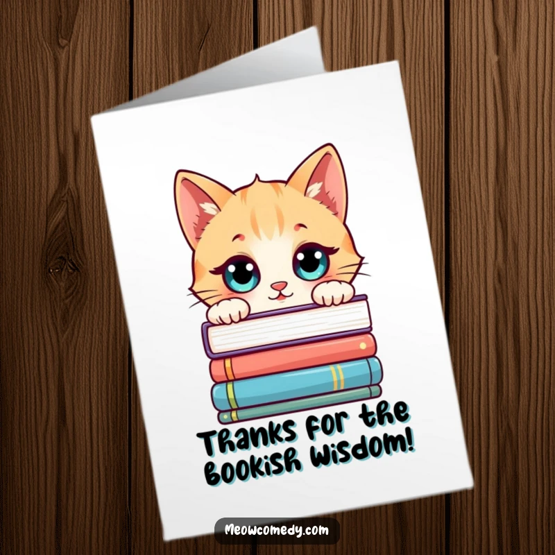 Funny Free Printable Thank You Card: Kawaii cat with wide, curious eyes peeking over a stack of books.