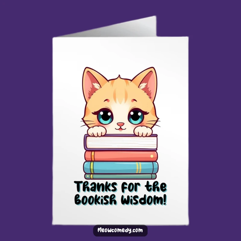 Free Printable Thank You Card: Curious Kawaii Cat Book Stack Downloadable Gift