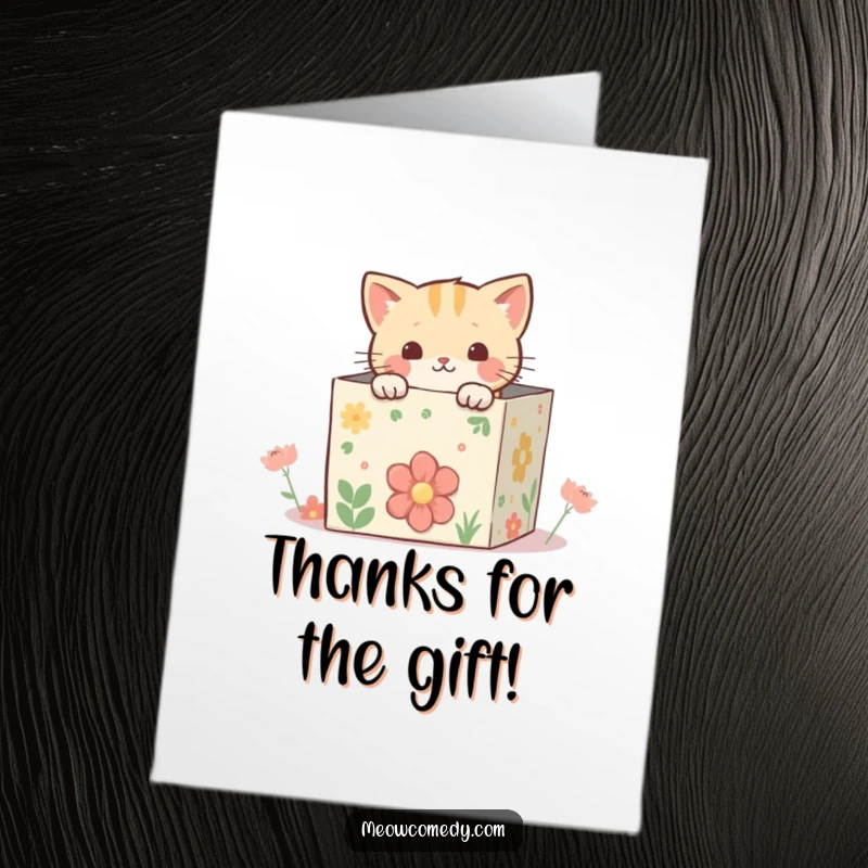Funny Free Printable Thank You Card: Kawaii cat peeking from a whimsical, decorated box, a downloadable thank you surprise.