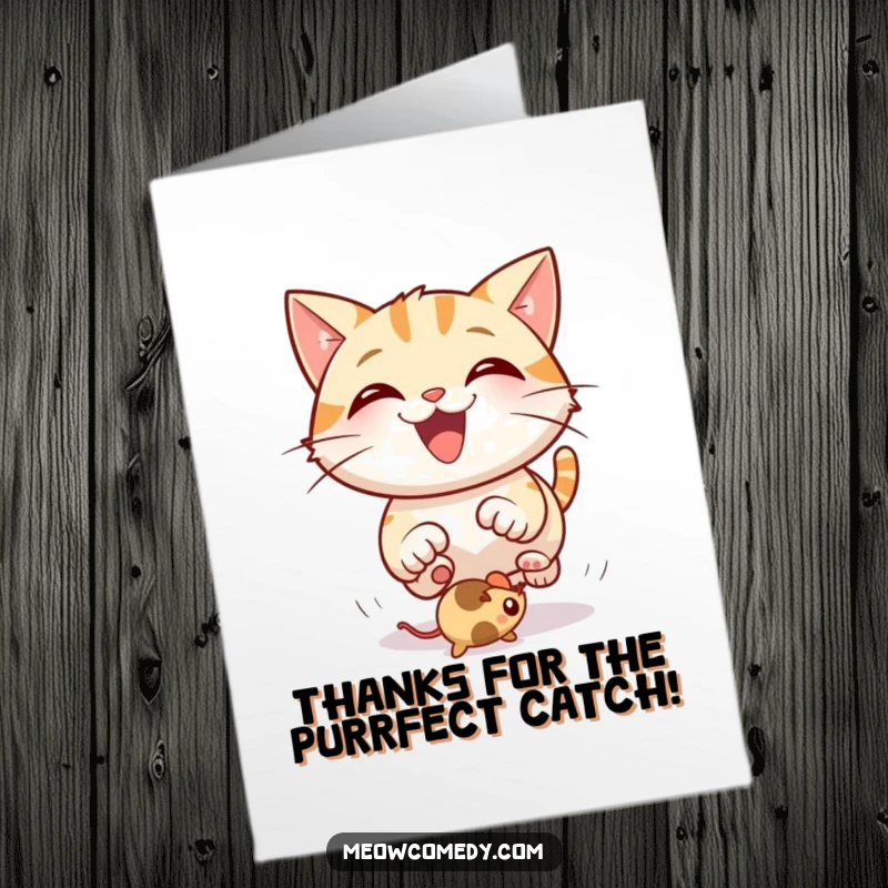 Funny Free Printable Thank You Card of a grinning cat enthusiastically chasing a bouncing mouse toy, full of thanks.