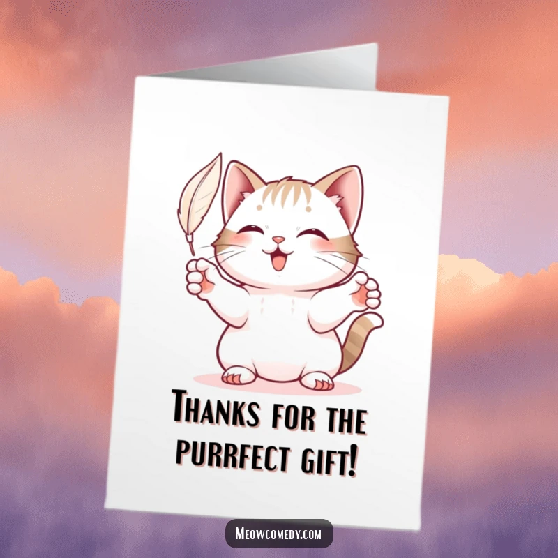 Funny Free Printable Thank You Card with a playful cat batting at a feather, showing appreciation.