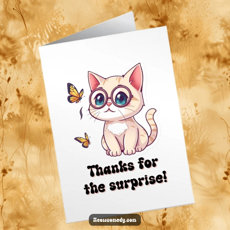 Funny Free Printable Thank You Card: Kawaii cat wearing a monocle, startled by a butterfly, a downloadable thank you surprise.