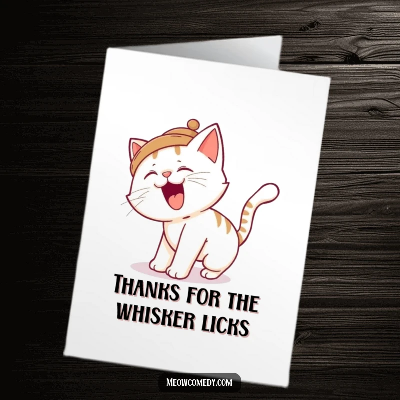 Funny Free Printable Thank You Card: a cat in a tiny hat trips over its tail, offering thanks.