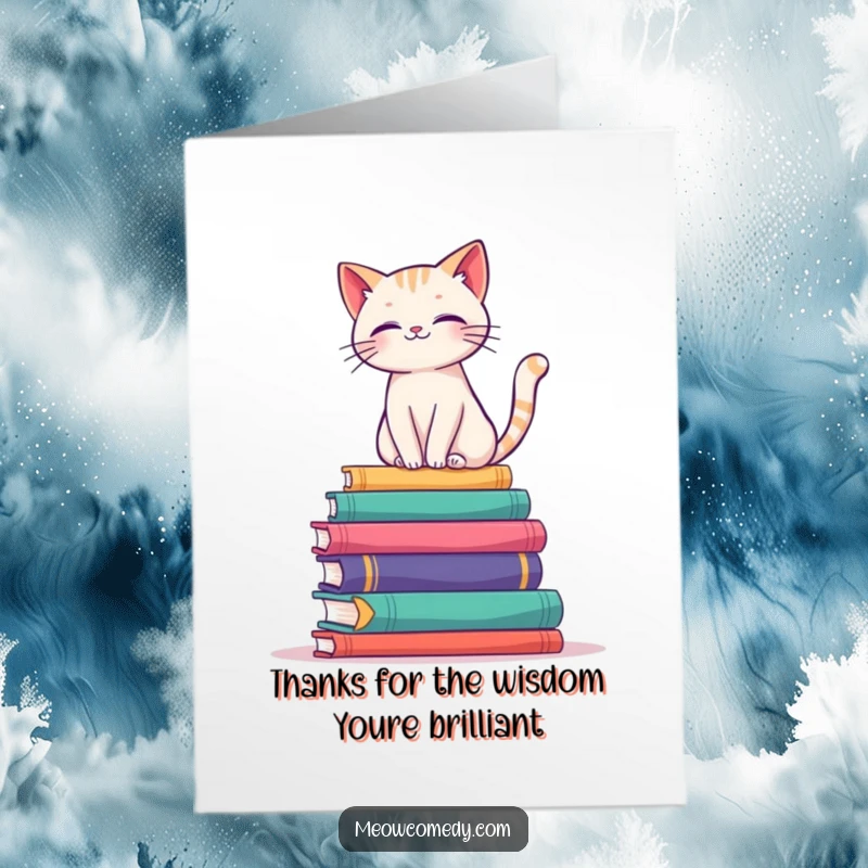 Funny Free Printable Thank You Card featuring a cat balancing on books, representing thoughtful appreciation.