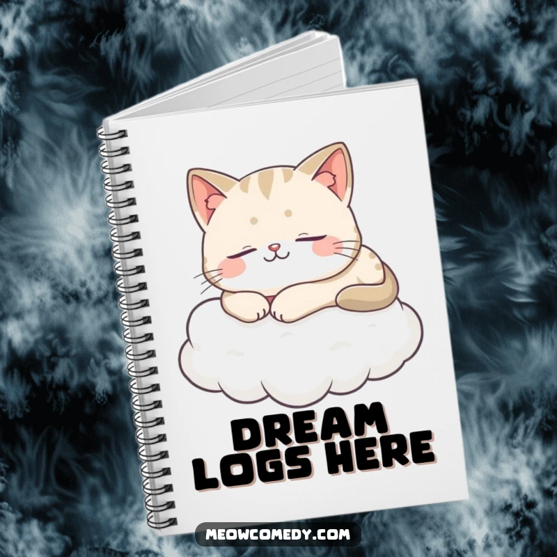 Funny Cat Notebook cover art: a serene cat napping soundly on a fluffy cloud, embodying peace.