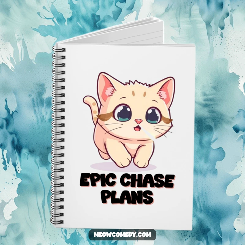 Funny Kawaii Cat Notebook, depicting a cat intensely chasing a laser dot, perfect for note-taking, sketching, and capturing energetic thoughts humorously.