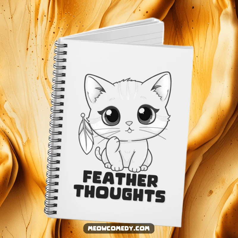 Funny kawaii cat batting at a dangling feather, cute and humorous notebook for jotting ideas.