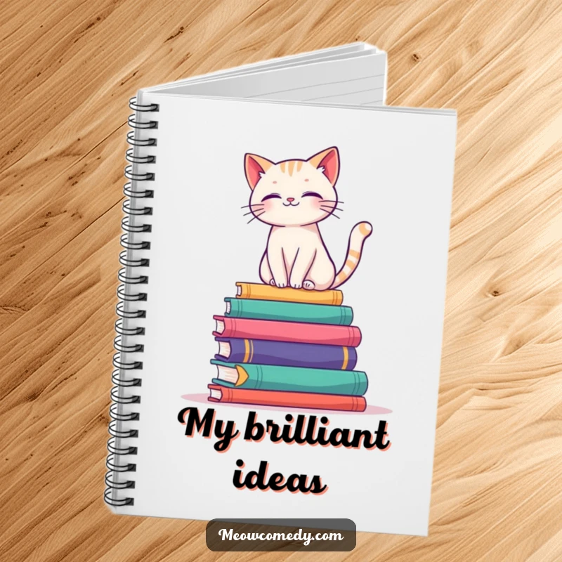 Funny notebook cover with an elegant cat balancing on colorful books, inspiring thoughtful writing.