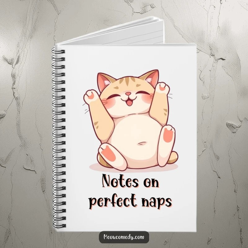 Funny notebook cover with a cat rolling on its back, sighing happily and exposing its belly, inspiring tranquility and good vibes.