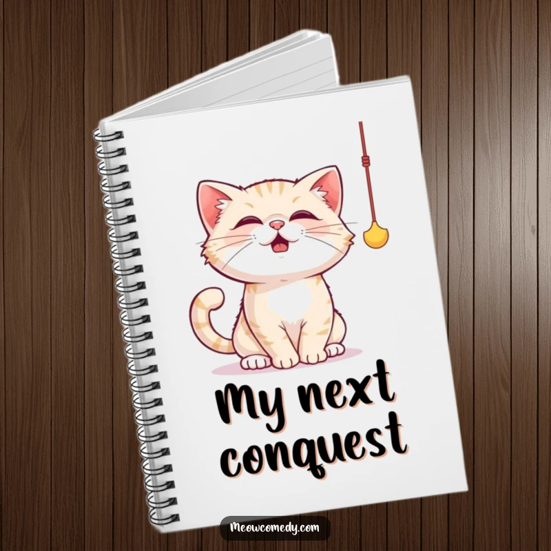 Funny cat notebook showing a cat comically batting at a dangling string toy with its paws, full of playful energy.