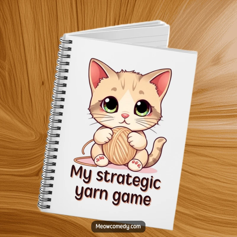 Funny Cat Notebook cover features a cute kitten with big eyes playfully batting a ball of yarn, inspiring fun and creativity.