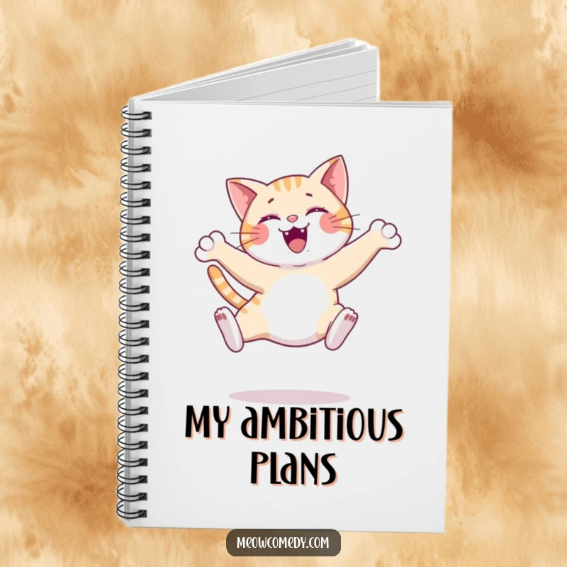 Funny graceful cat leap notebook, showcasing a cat mid-air with elegant paws, perfect for jotting down ideas with flair.