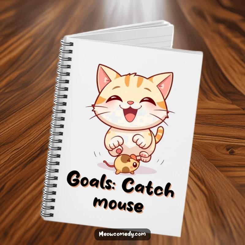 Funny Cat Notebook: A notebook cover illustration of a happy cat with a wide grin, chasing a bouncing mouse toy.