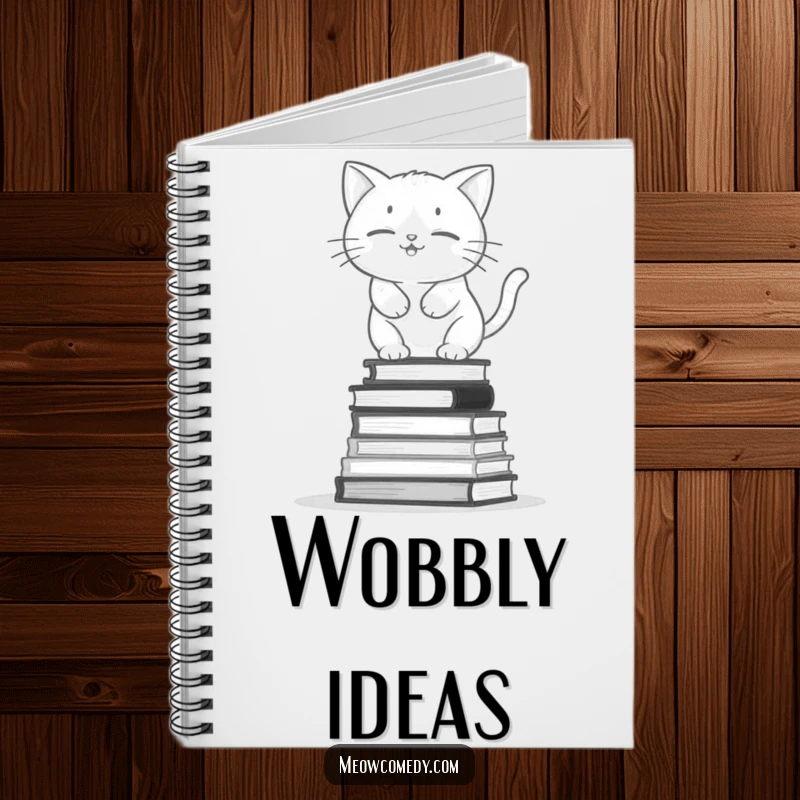 Funny kawaii cat balancing on a wobbly stack of books, cute and humorous notebook for jotting ideas.