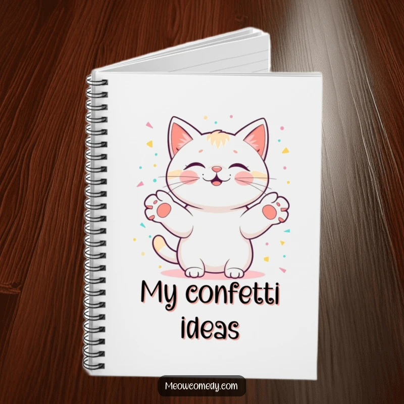 Funny kawaii cat with paws outstretched, catching digital confetti, designed for joyful and celebratory note-taking in a notebook.