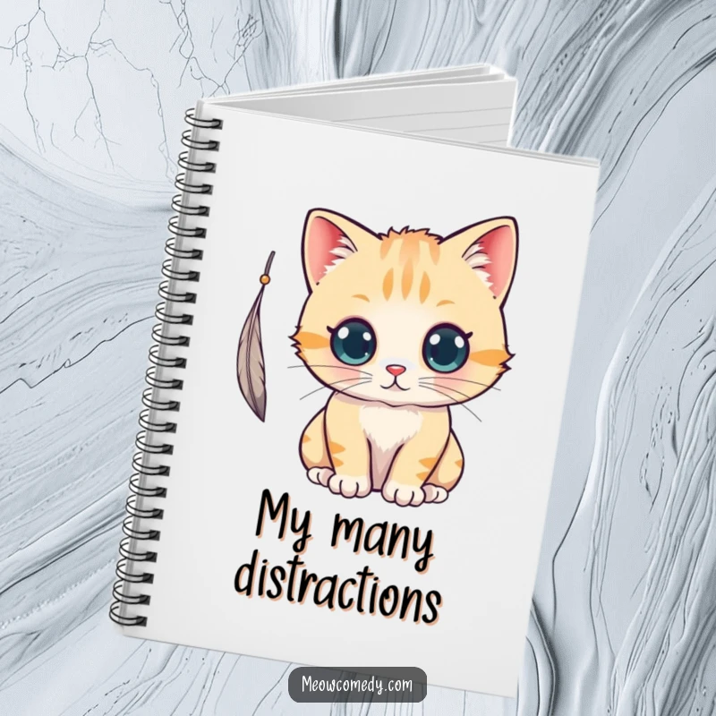 Funny kawaii cat batting at a feather, a cute and humorous notebook for all your thoughts.