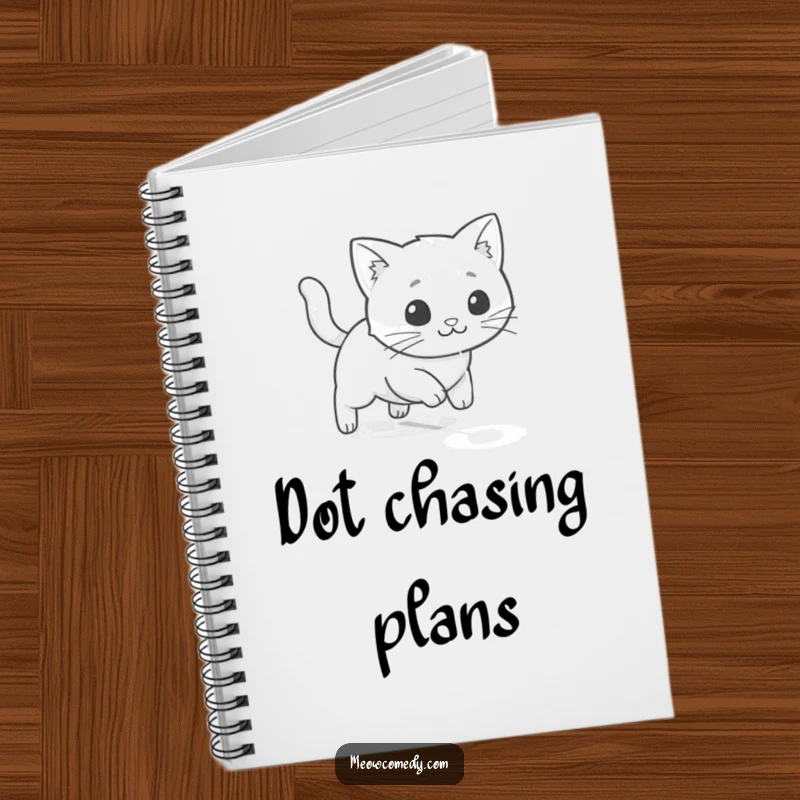 Funny kawaii cat playfully chasing a laser dot, cute and humorous notebook for jotting ideas.