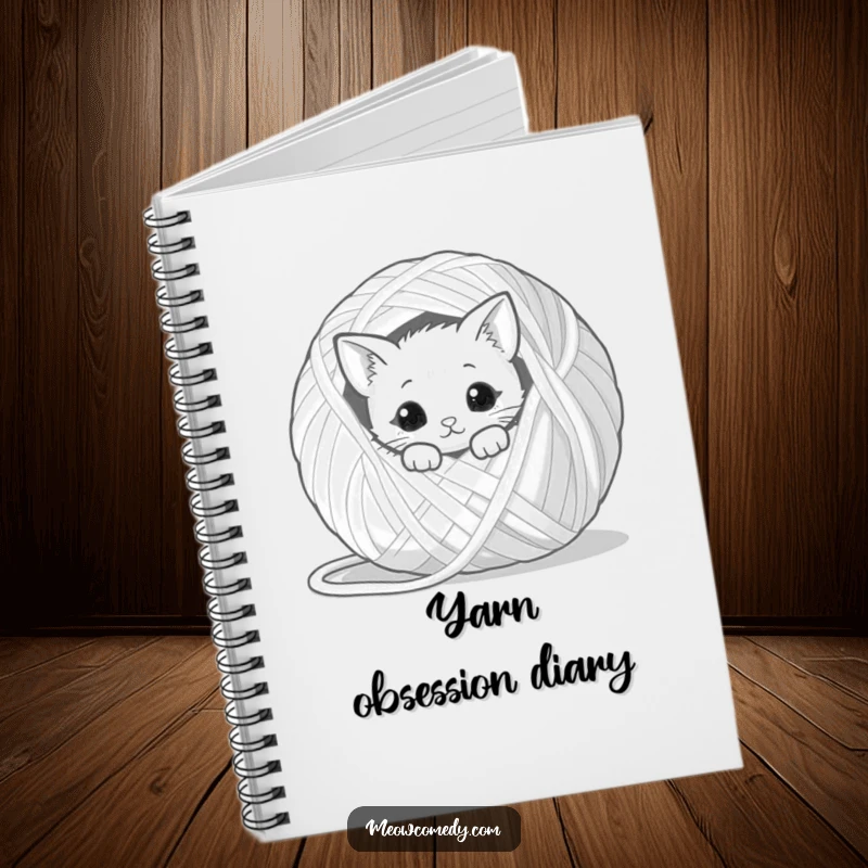 Funny kawaii cat peeking from behind a giant ball of yarn, cute and humorous notebook for jotting ideas.