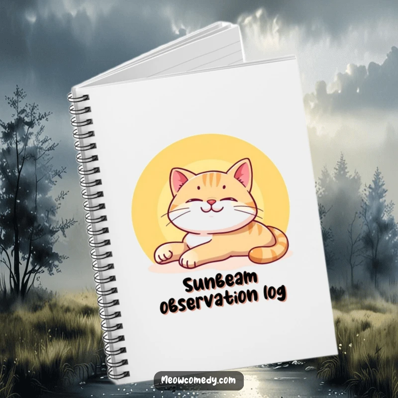 Funny Smiling Cat Notebook cover features a content cat stretching lazily in a sunbeam, inspiring relaxation and creative thought.