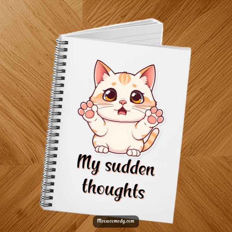 Funny surprised cat notebook, paws raised in mock fear, perfect for jotting down notes with a humorous and dramatic flair.