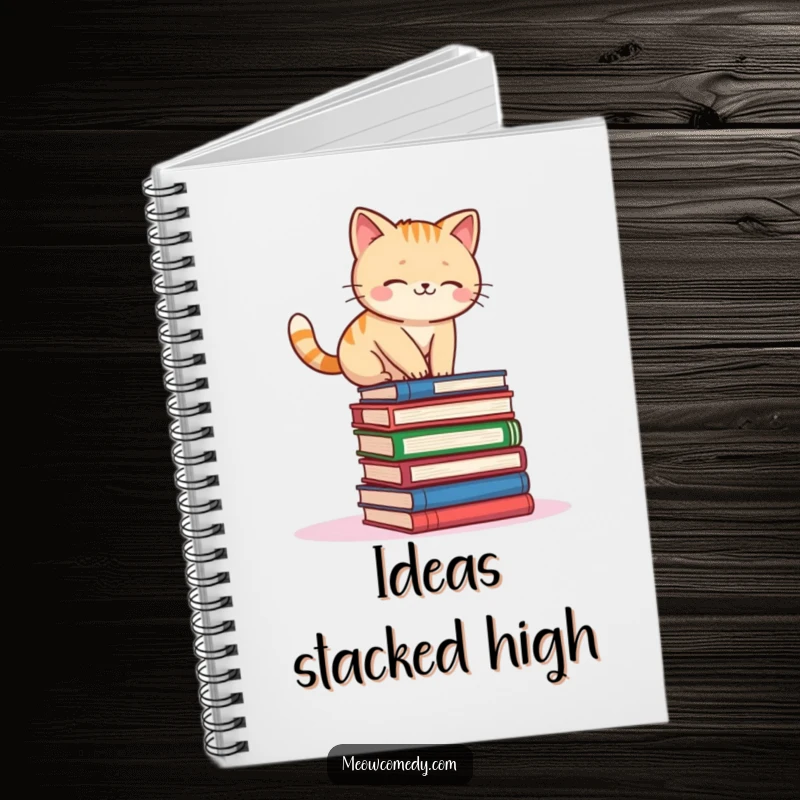 Funny kawaii cat attempting to balance on a stack of books, a humorous and practical notebook.